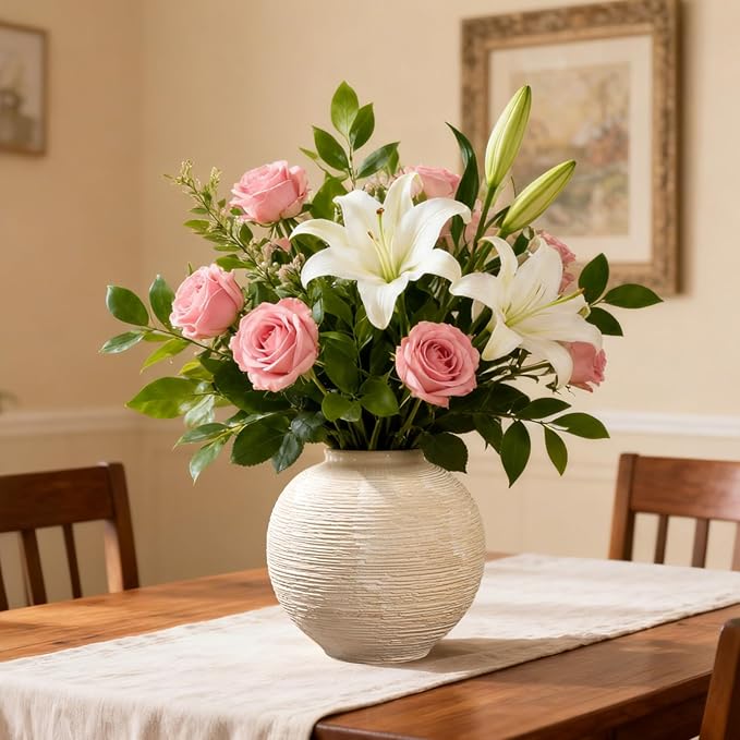 Rustic Ceramic Vintage Farmhouse Vase for Decor (Small Ribbed Whitewash) | 6'' Boho Textured Vase for Home Decor, Round Clay Terracotta Bowl vase for Living Room, Table, Shelf, Centerpieces