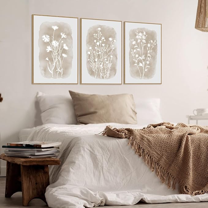 SAFERRYHOME Neutral Wildflower Beige Botanical Wall Art,3 Panels, 24x36 Inch