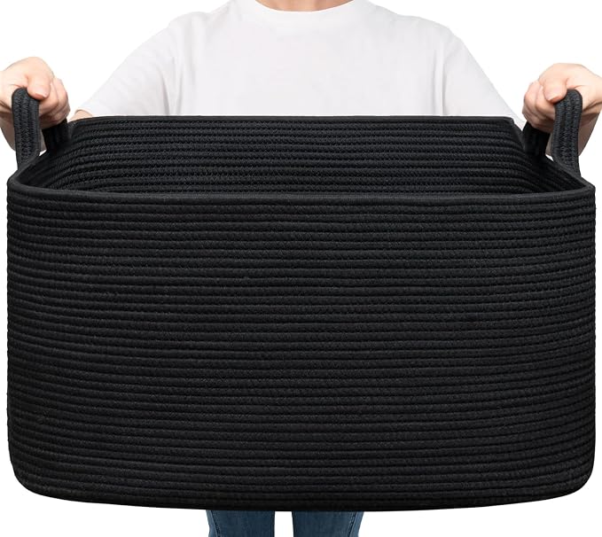 Goodpick Large Woven Rope Blanket Basket, Rectangle, Black, 75L | 21.6'' x 14.9'' x 11.8'' Storage Basket for Blankets, Toys & Pillows, Living Room & Bedroom Organization, Reinforced Handles