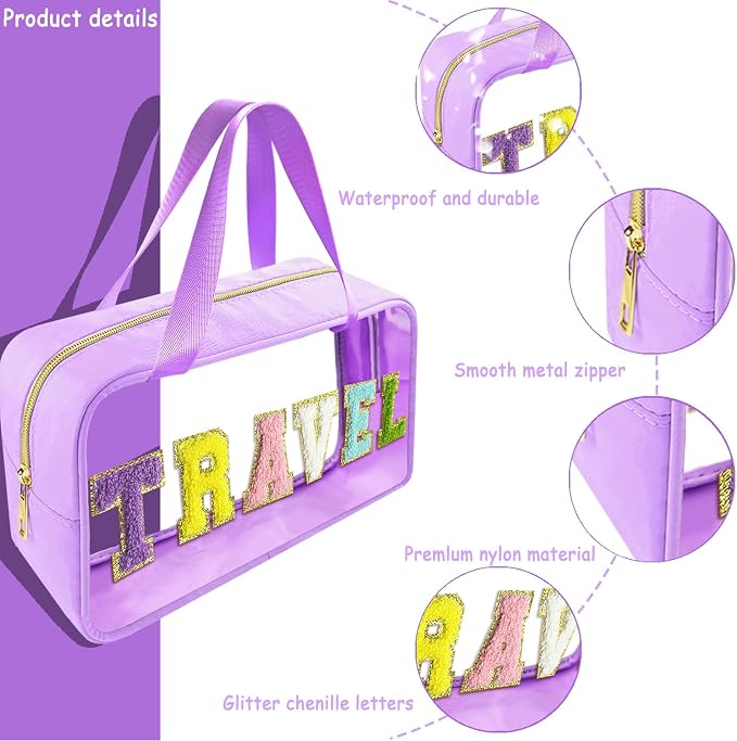 Bunliuys Chenille Letter Clear Makeup Bag Travel Patch, Travel Toiletry Makeup Bag with Handle, Nylon Waterproof Makeup Bags clear cosmetic bag, preppy patch makeup bag for Women (TRAVEL-Violet)