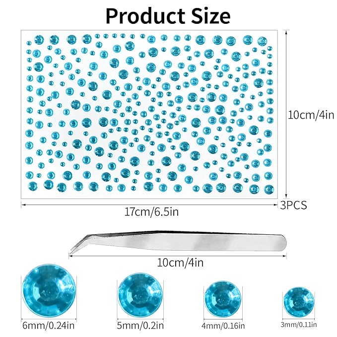 975Pcs Crystal Pcs Face & Eye Jewels STLK, Adhesive Rhinestones 3/4/5/6 mm DIY Body Gems Crafts (gem lightblue)