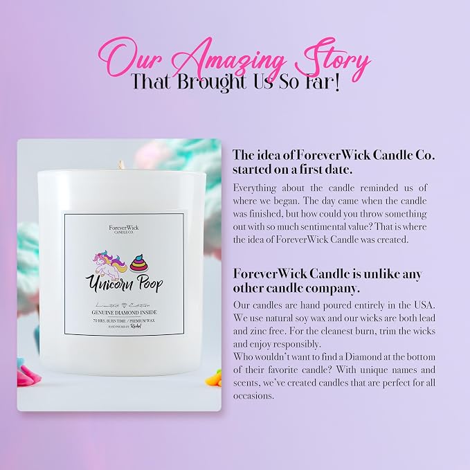 Unicorn Poop Cotton Candy Surprise Candle + Diamond Inside | Foreverwick Candles | Scented Soy Candles Gifts for Women Aromatherapy Candle | Birthday Candles All-Natural Organic Soy Candle 14oz | 70h