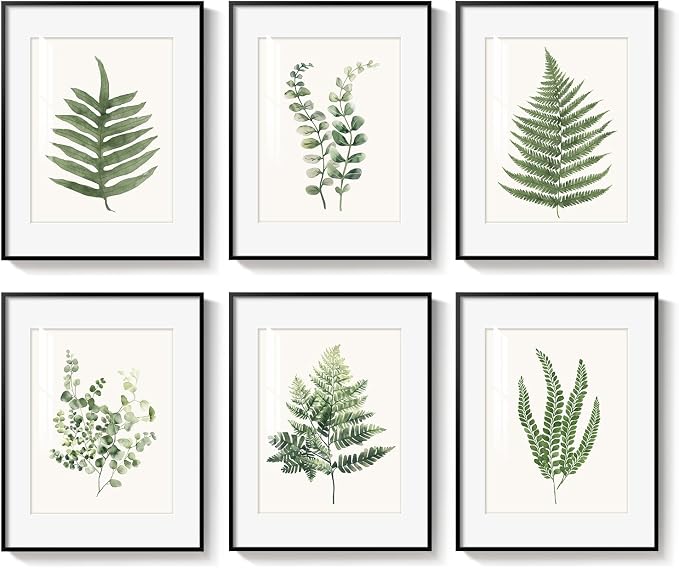 Framed Modern Green Tropical Fern Botanical Wall Art, 6 Piece 11x14 In | Leaf painting, Plant leaves wall decor, Plexiglass with mat prints, Ready to hang artwork, Living room bedroom pictures