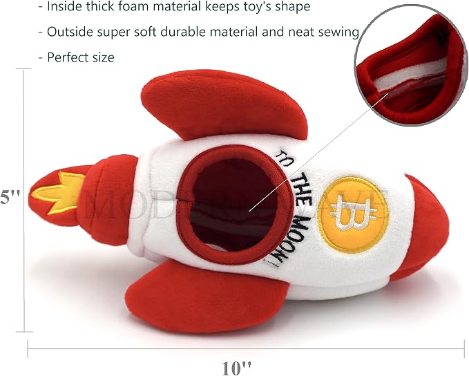 MODERN WAVE - Squeaky Plush Dog Toy Bitcoin Crypto - Interactive Hide and Seek Squirrel Type Puzzle Toy for Dogs, Small - Medium Size (Rocket and Coins)