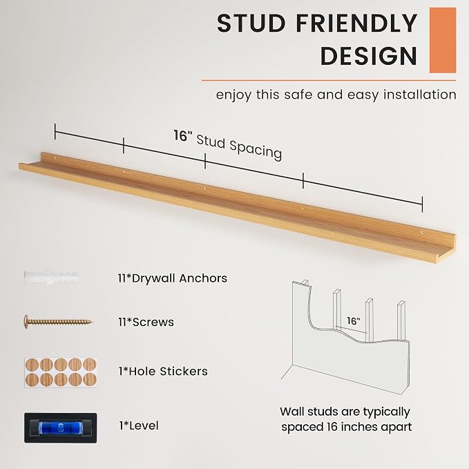 Picture Ledge Shelf, Long Floating Shelves for Wall, 72" W Set of 2, Oak | FSC Certified Engineered Wood, Wall Mounted Bookshelf, for Nursery Living Room Bedroom, Easy Install