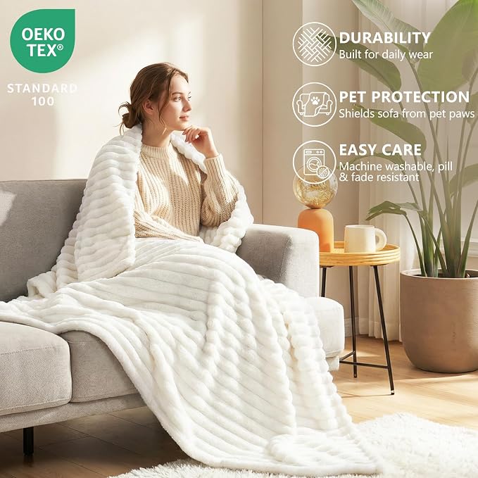 HIMEET Off White Full Blanket for Bed, 300GSM Ribbed Fleece, 84 x 90 Inches | Ultra Soft Flannel, All-Season Lightweight Warmth, Bed Layering & Home Room Decor, Gift for Men & Women, Machine Washable