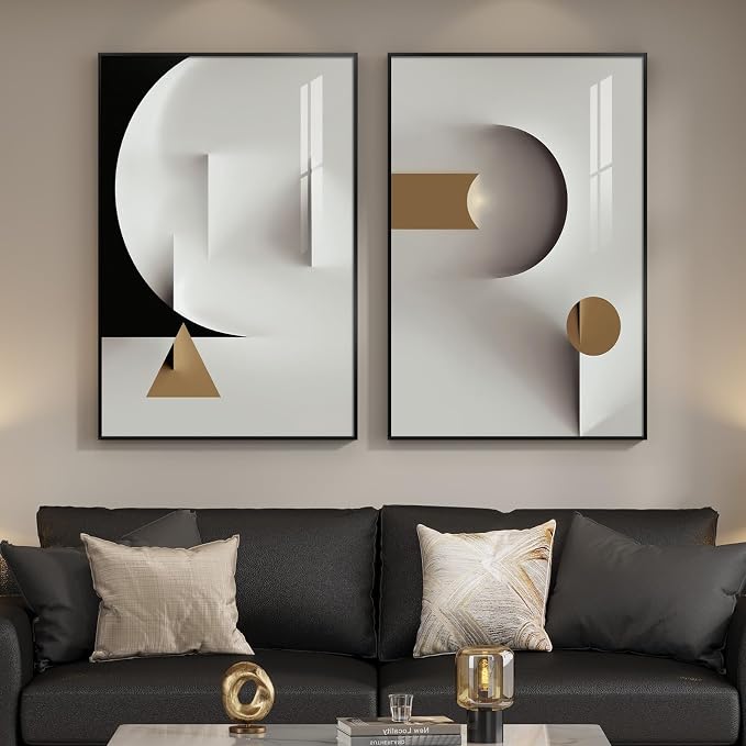 Large Framed Modern Elegant Abstract Wall Art, 2 Piece Black White Gold Geometric Prints Paintings Artwork for Walls, Minimalist Wall Pictures for Living Room Dining Bedroom Hallway Wall Decor 24x36 In