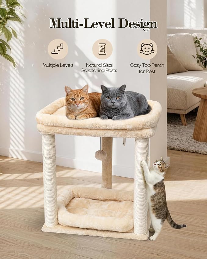 SYANDLVY Small Modern Cat Tree with 2 Levels Perch Platforms for Kittens | Natural Sisal Scratching Post Tower with Hanging Bell Ball & Anti-Tip Strap, Cat Furniture for Indoor Cats, Beige