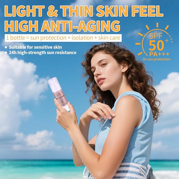 Tinted Face Sunscreen - Waterproof & Lightweight Liquid Foundation with SPF 50++, 3-in-1 Full Coverage Foundation Smooths & Blurs Pores, 108 Light