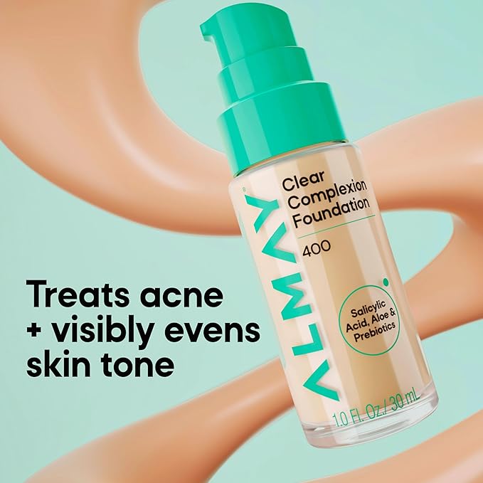 Almay Clear Complexion Foundation, Oil-Free Face Makeup for Acne-Prone Skin, Buildable Coverage, Soft-Matte Finish, Vegan, 200, 1 fl oz