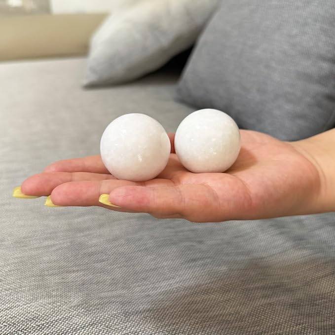 Natural Marble Baoding Chinese Meditation Balls, Stress Relief Hand Exercise Therapy Set with a Retro Style Tassel Boxes for Gift, 2-Piece Set,White Small-1.38"
