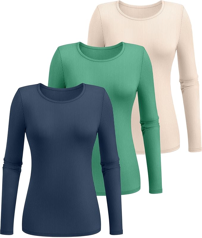 Ficerd 3 Pack Women's Ribbed Long Sleeve Tops, Crew Neck Slim Fit Undershirts Knit Basic Casual Stretch Layering Tee Shirts