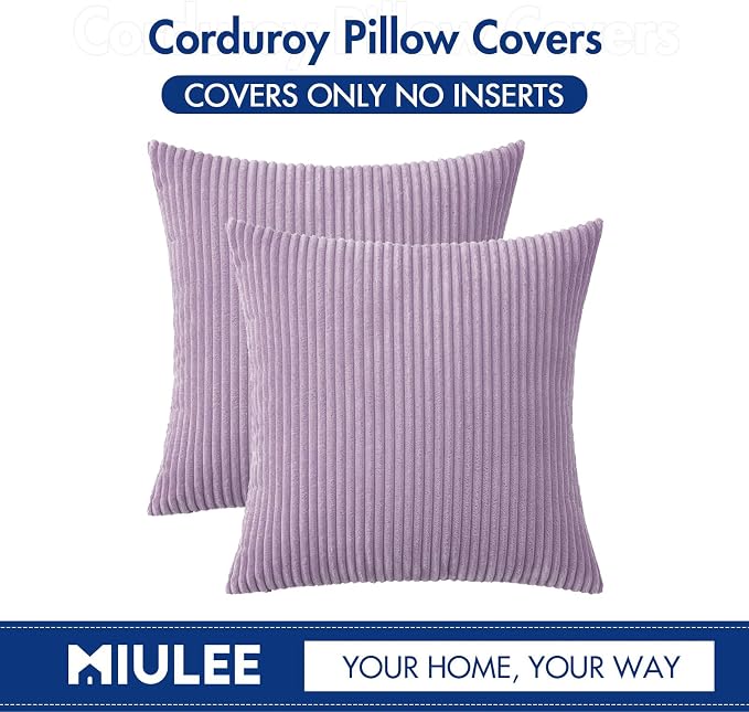 MIULEE Decorative Corduroy Throw Pillow Covers Set of 2 18x18 Lavender | Soft Striped Textured Cushion Cases, Boho Energetic Vibe Pillowcases for Home Decor, for Couch Chair Sofa Bed Living Room