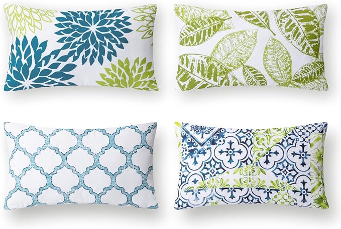 Phantoscope Set of 4 New Living Series Throw Decorative Pillow Cover Cushion Cover, Blue and Green, Print, 12 x 20 inches, 30 x 50 cm