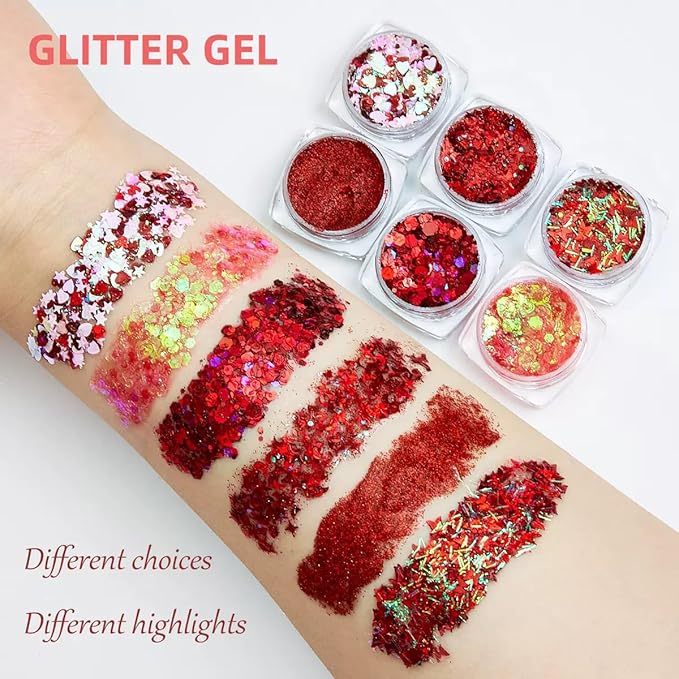 Red Body Glitter Face Glitter Red Hair Glitter Gel Festival Face Paint Rave Makeup Glitter Christmas & Halloween & Valentines Face Gems 6 Shapes Fine Chunky Glitter Gel for Women Girls