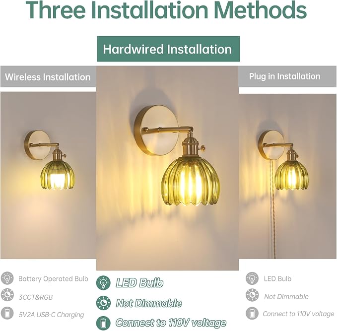 Shenmoyl Vintage Wall Sconces with Green Tulip Glass Lampshade 180 Degree Adjustable Brass Sconces Hradwired Modern Wall Lighting Fixture with Switch for Bedside Bedroom Doorway
