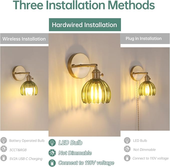 Shenmoyl Vintage Wall Sconces Set of 2 with Green Tulip Glass Lampshade 180 Degree Adjustable Brass Sconces Hradwired Modern Wall Lighting Fixture with Switch for Bedside Bedroom Doorway