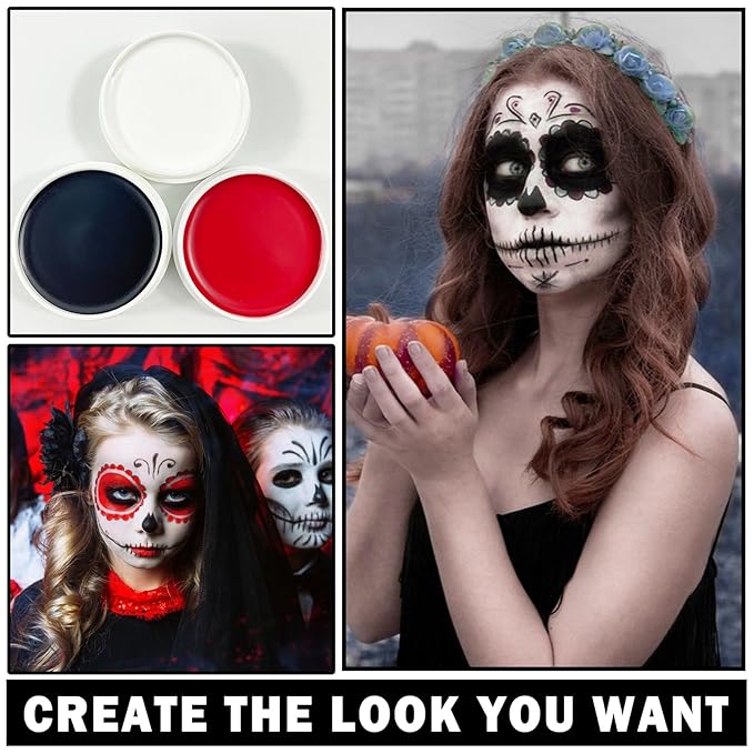 3PCS Clown Makeup Kit Black White Red Face Body Paint Professional Oil Based Body Face Paint Foundation Makeup for Halloween Special Effects SFX Zombie Clown Vampire Skeleton Makeup Kit