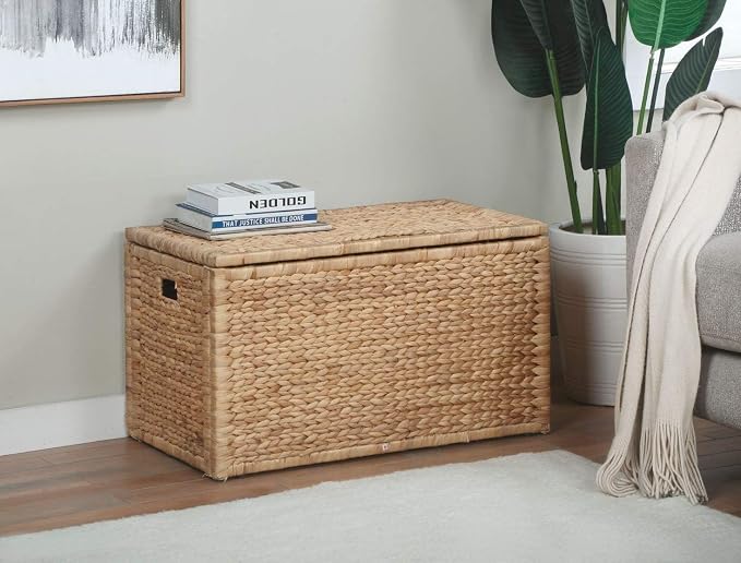 Water Hyacinth Wicker Storage Trunk, Natural, 30x17.5x17.5 Inches | Safety Hinge, Metal Frame, Decorative Blanket Chest & Storage Box, Farmhouse Woven Storage, For Living Room & Entryway