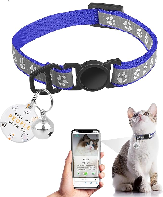 Breakaway Reflective Cat Collar with QR Name Tag & Bell (Navy Blue)