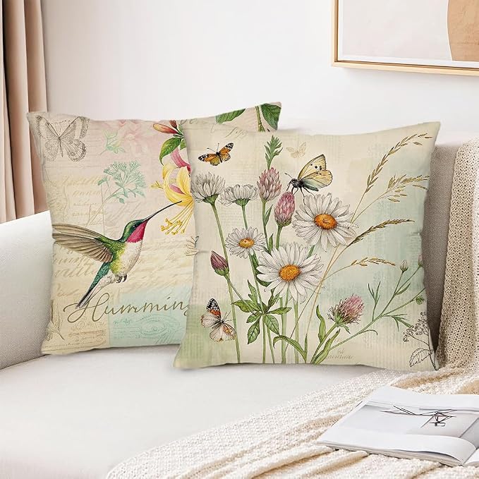 wyooxoo Throw Pillow Covers 20x20 Set of 4 Spring Summer Pillow Covers Flower Butterfly Bird Farmhouse Pillowcases for Sofa Couch Living Room Outdoor