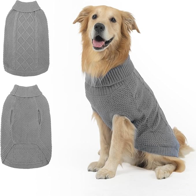 Mihachi Turtleneck Dog Sweater - Winter Coat Apparel Classic Cable Knit Clothes with Leash Hole for Cold Weather, Ideal Gift for Pet in New Year Grey M