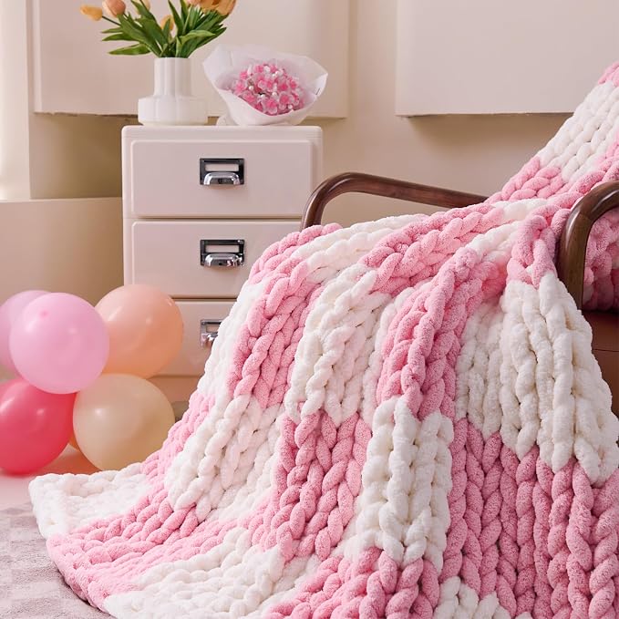 Chunky Knit Blanket Throw for Couch, 51"x63" Chunky Yarn Knitted Blankets | 100% Hand Knit Thick Chenille, Soft Breathable for Bed, Sofa, Home Decor, Cozy Gifts for Women Friends, Pink Checkered