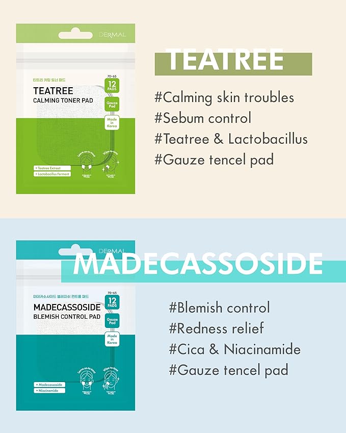 DERMAL 6 Types Toner Pad Trial Kit Portable Travel Combo Set - Ice Cooling, Collagen, Retinol, Madecassoside, Tea Tree, Vitamin Korean Face Toner Pads, 12 Pads x 6 Pack