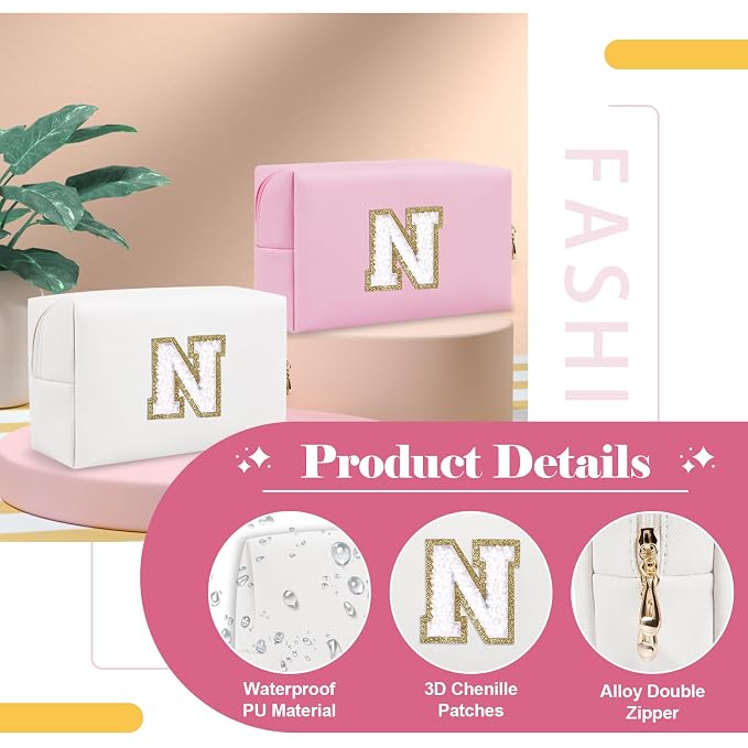 Small Personalized Initial A-Z Preppy Patch Makeup Bag,White PU Chenille Letter Travel Cosmetic Pouch with Zipper,Cute Toiletry Bag,Gift Ideal for Teen Girls Women Teacher Bridesmaid,Letter N