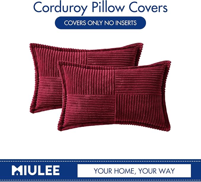 MIULEE Decorative Lumbar Throw Pillow Covers 12x20 Inch Burgundy 2 Pack | Boho Broadside Striped Patchwork Pillow Covers, Soft Corduroy Cushion Cases, For Couch Sofa Bed Livingroom Home Decor