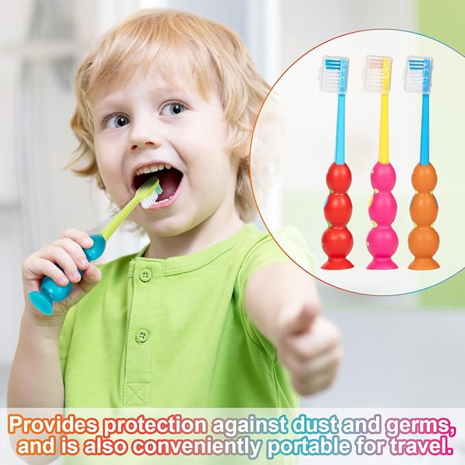 PRASBURR Toddler Toothbrush - Kids Toothbrush Soft Bristles with Suction Cup for Easy Storage, for Age 2-4 and Older, Pack of 4