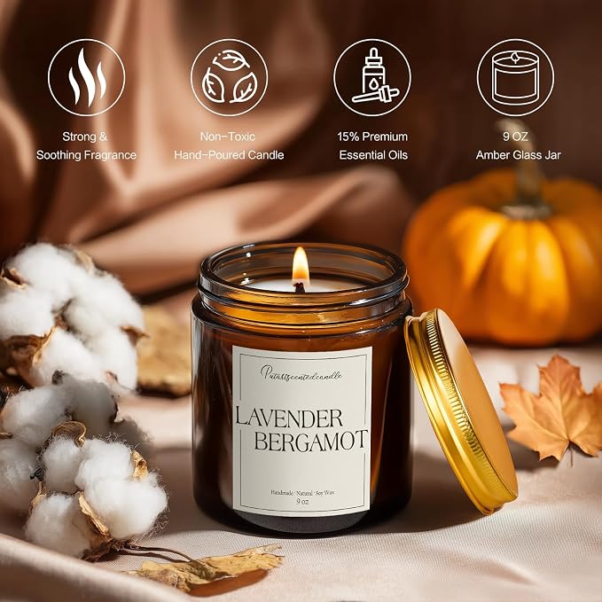 Lavender & Bergamot Scented Candles for Home, Natural Soy Wax Aromatherapy Non Toxic Candle Gifts for Women Men, Home Fragrance Decoration Glass Jar Candle for Meditation and Relaxation (9oz