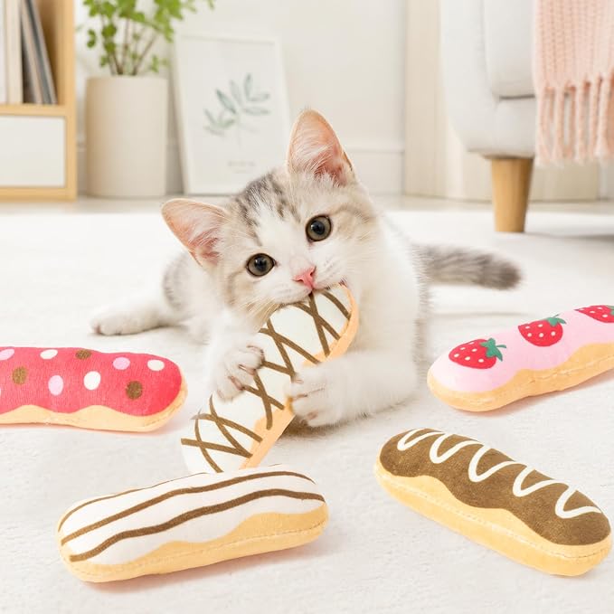 MALLMALL6 Eclair Catnip Toys for Cat - 5Pcs Chocolate Strawberry Dessert Catmint Interactive Toy Gift for Indoor Kitty, Biting Chew Kick Cats Supplies, Soft French Pastry Pet Present for Kitten Lover