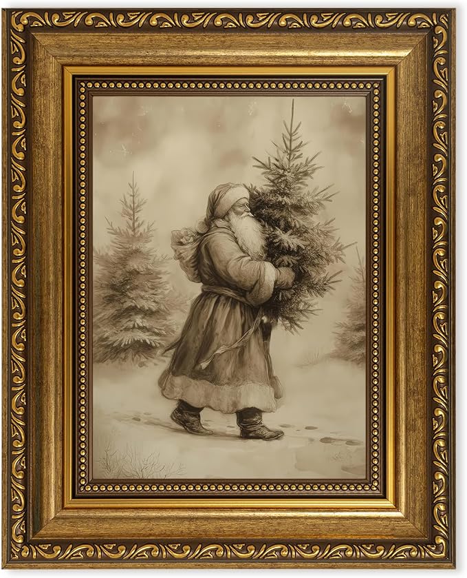 Fantasy Artists Christmas Framed Canvas Wall Art, Vintage Santa Claus Carrying Christmas Tree Gold Frame Print, Classic Holiday Wall Decor for Living Room Bedroom Entryway, Ready to Hang, 8" Wx10 H