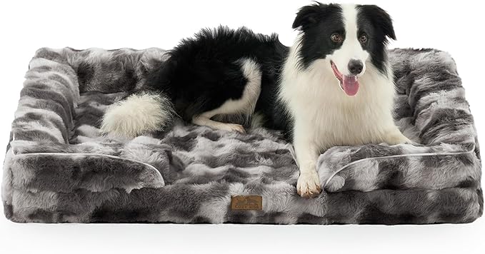 COZY KISS Faux Fur Orthopedic Dog Bed Washable for Extra Large Dogs, XL | Soft Warm Pet Sofa with Sides or Bolster, Non-Slip and Big Dog Couch with Removable Waterproof Cover, 44x32 in, Tie Dye Grey