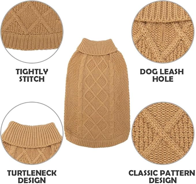 Mihachi Turtleneck Dog Sweater - Winter Coat Apparel Classic Cable Knit Clothes with Leash Hole for Cold Weather, Ideal Gift for Pet in New Year Khaki Medium