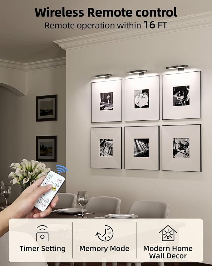 EZVALO Picture Light for Wall, Rechargeable 2400mAh Lights Wireless with IR Remote, 3 Color & Dimmable Magnetic 7.8'' LED Lights Display for Painting, Living Room, Gallery, Bedroom(Black-3P)