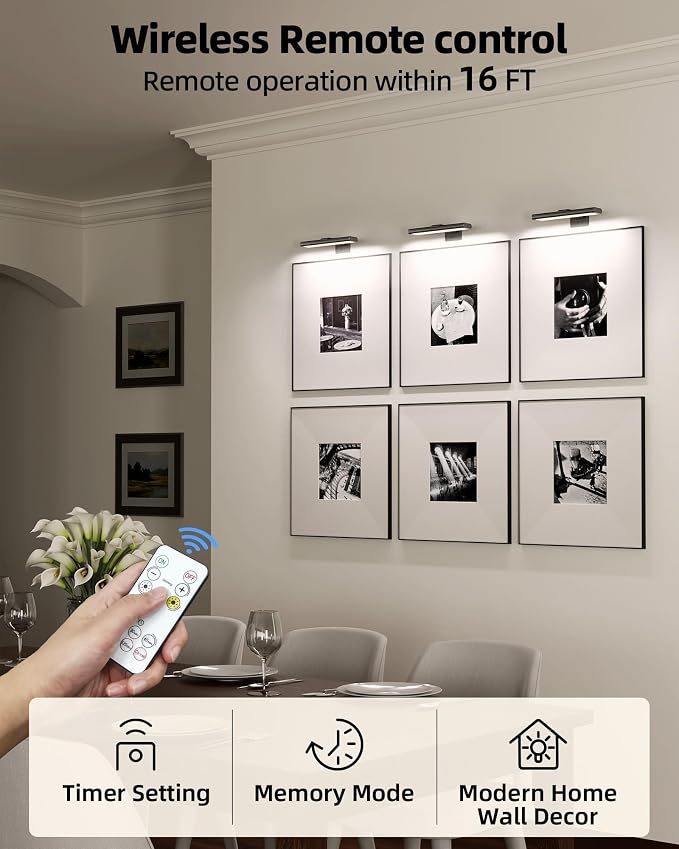 EZVALO Picture Light for Wall, Rechargeable 2400mAh Lights Wireless with IR Remote, 3 Color & Dimmable Magnetic 7.87'' LED Lights Display for Painting, Living Room, Gallery, Bedroom Art(Black-2P)