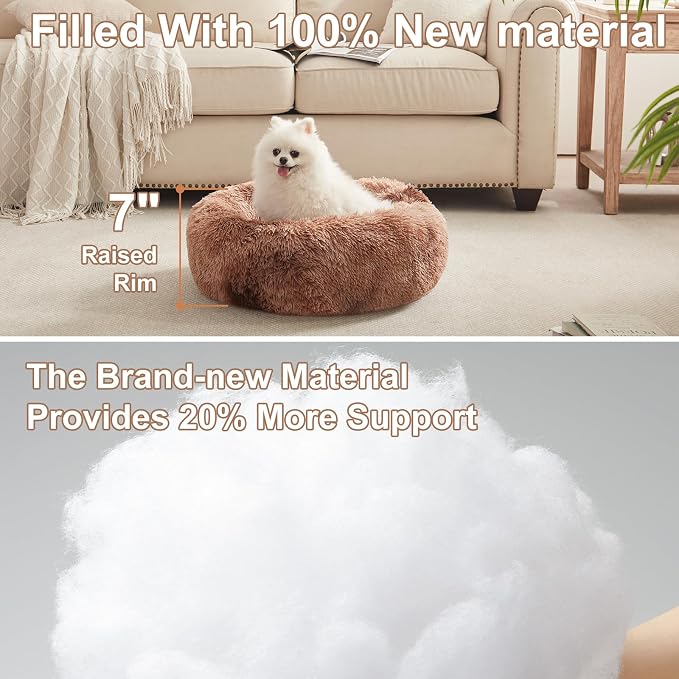 23 in Faux Fur Fluffy Donut Dog Bed for Small Dogs,Tie-dye Brown | Calming Plush Round Puppy Pet Bed with Removable & Washable Cover,Fits up to 25 lbs Pets