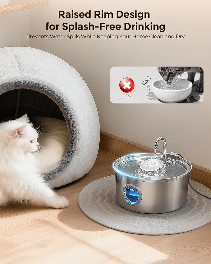 Invengo Cat Water Fountain Stainless Steel, 3.2L/108oz Pet Drinking Fountain for Cats Dogs, Automatic Cat Fountain with 2 Flow Modes, Splash-Proof Bowl, Includes 6 Replacement Filters