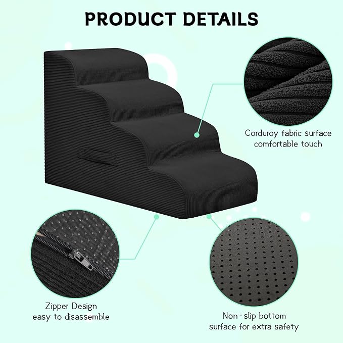 Mesa Lemon 3 Step Dog Stairs Pet Ramp for High Beds, Sofas and Cars | High Density Foam, Non-Slip Bottom, Removable Washable Cover, Portable Handle, Holds Up to 50 lbs, 16 Inch Height