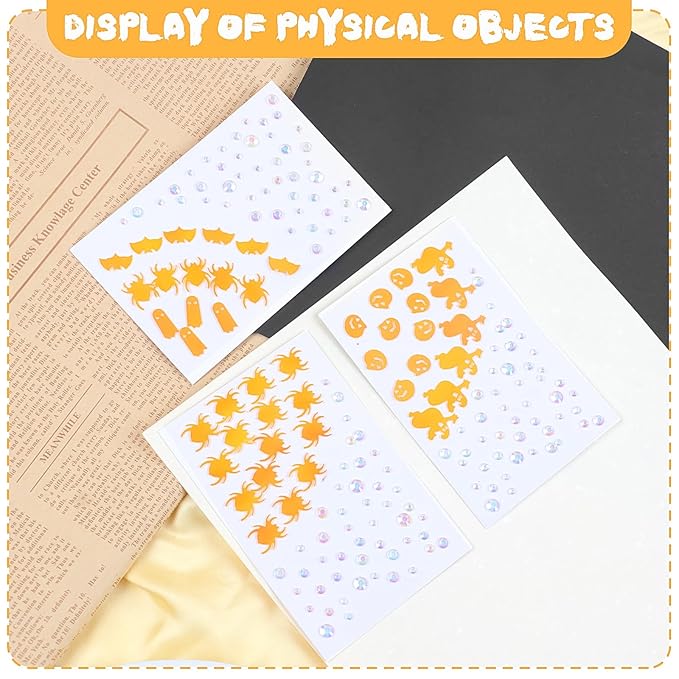 Halloween Orange Face Stickers Gems for Makeup, 3 Sheets Pumpkin Spooky Spider Witch Face Glitter Rhinestone jewels, Self Adhesive Face Eye Nail Body Gems Stick on for Boo Rave Festival Accessories