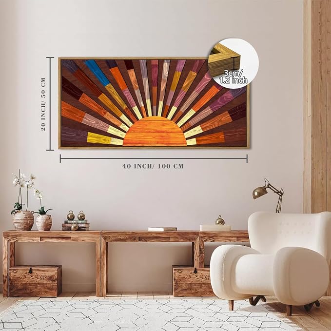 IARTTOP Extra Large Wood Sun Framed Wall Art 20x40 Inch Boho Sunrise 3D Geometric Wall Decor Mid century Sunshine Painting for Living room Bedroom Dining room Single