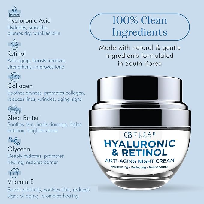 Clear Beauty Hyaluronic Acid & Retinol Face Moisturizer - Dermatologist Tested, Reduces Wrinkles, Fine Lines & Hyperpigmentation, Hydrating Cream, Cruelty-Free Korean Skin Care - All Skin Types