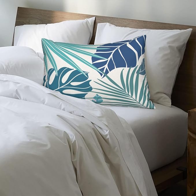 Tropical Pillow Covers 12x20 Set of 2 Navy Blue Aqua Teal Monstera Palm Leaf Pillowcase Summer Decorations Tropical Outdoor Throw Pillows Linen Decor Botanical Plant Cushion Case for Home Bed
