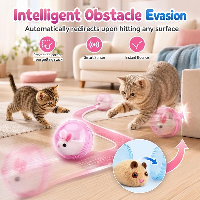 Self-Rolling Interactive Cat Ball, Electric Hamster Running Rolling Ball Toy, Rotate 360° Spin Moving Cat Ball, Fun Indoor Interactive Pet Ball for Cats Dogs Chasing，Pink