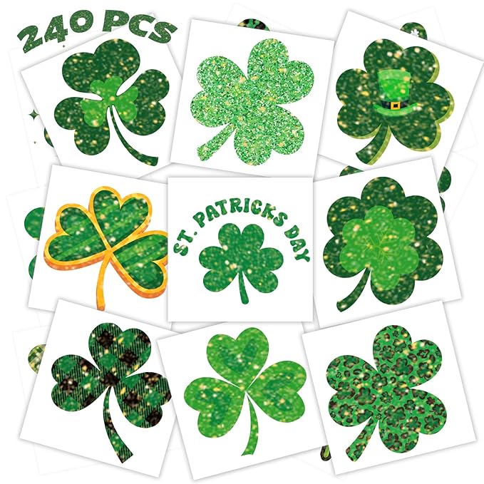 winthrop 240 Pcs Glitter Shamrock Temporary Tattoos for Kids, Individually Wrapped Safety Waterproof Tattoos, Best Choice for St Patrick's Day Classroom gadgets Matching Game Irish Party, 60 Designs