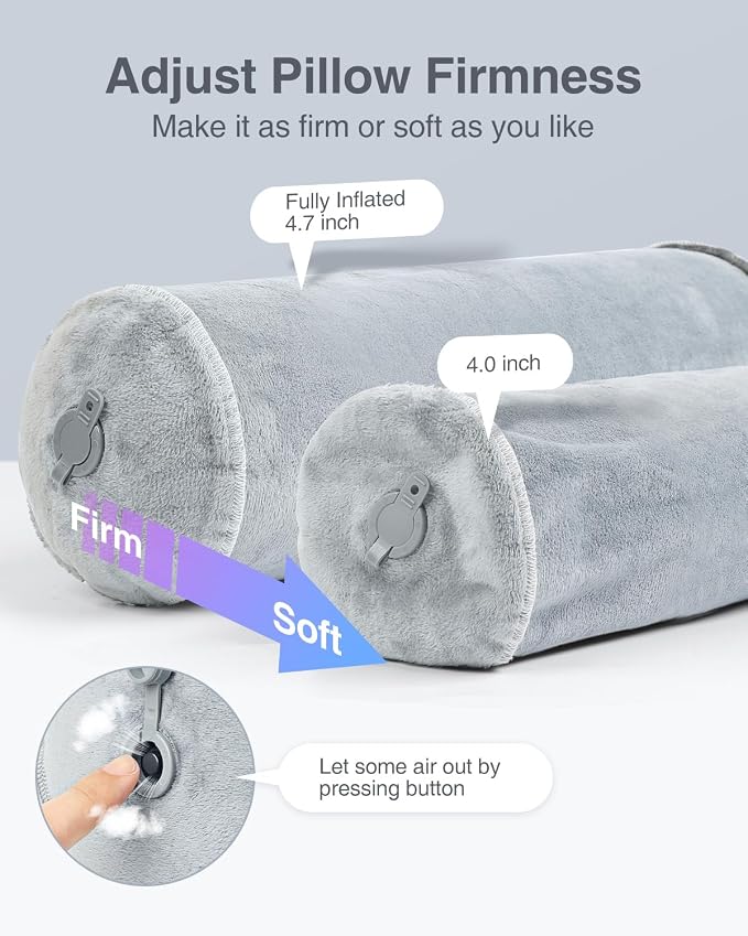 Luxtude Inflatable Neck Roll Pillow for Sleeping, Travel Cervical Pillow for Neck Pain Relief, Cylinder Support Pillows Round Bolster Pillows for Bed, Lumbar Roll, Legs, Back and Yoga (Grey-4.7in)