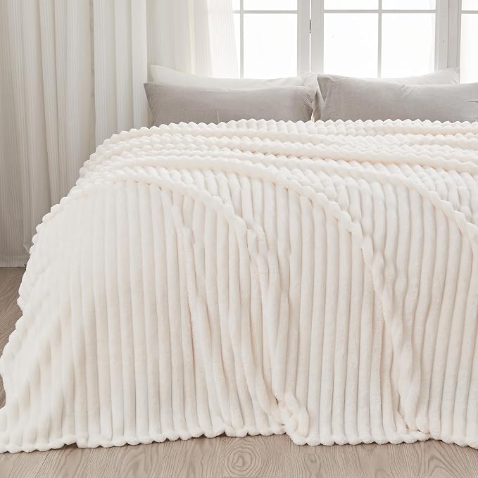 NEWCOSPLAY Fleece Ribbed Cozy Queen Blanket for Couch, Ivory, 90"x90" | Premium Silky Flannel Blanket, Soft Lightweight Fluffy Throw Blanket for Bed Sofa Decor, Gift for All Season Use