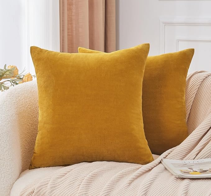 Throw Pillow Covers Mustard Yellow Set of 2 22x22 Inch Fall Pillow Covers, Soft Velvet Farmhouse Neutral Decorative Pillowcases for Couch Sofa Bed, Home Boho Decor, Modern Cushion Covers